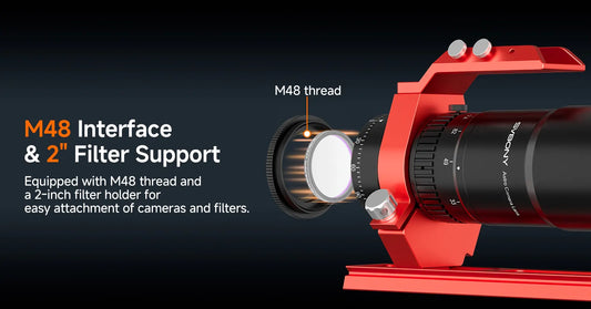 SVBONY SV545 astrophotography camera with M48 threaded interface and integrated 2-inch filter support on a black background

