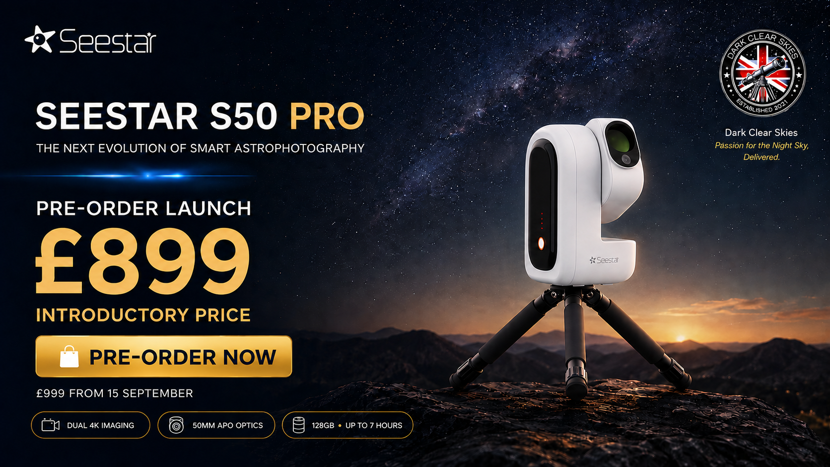 Seestar S50 Pro smart telescope on a tripod beneath a starry sky, available to pre-order from Dark Clear Skies for £899.