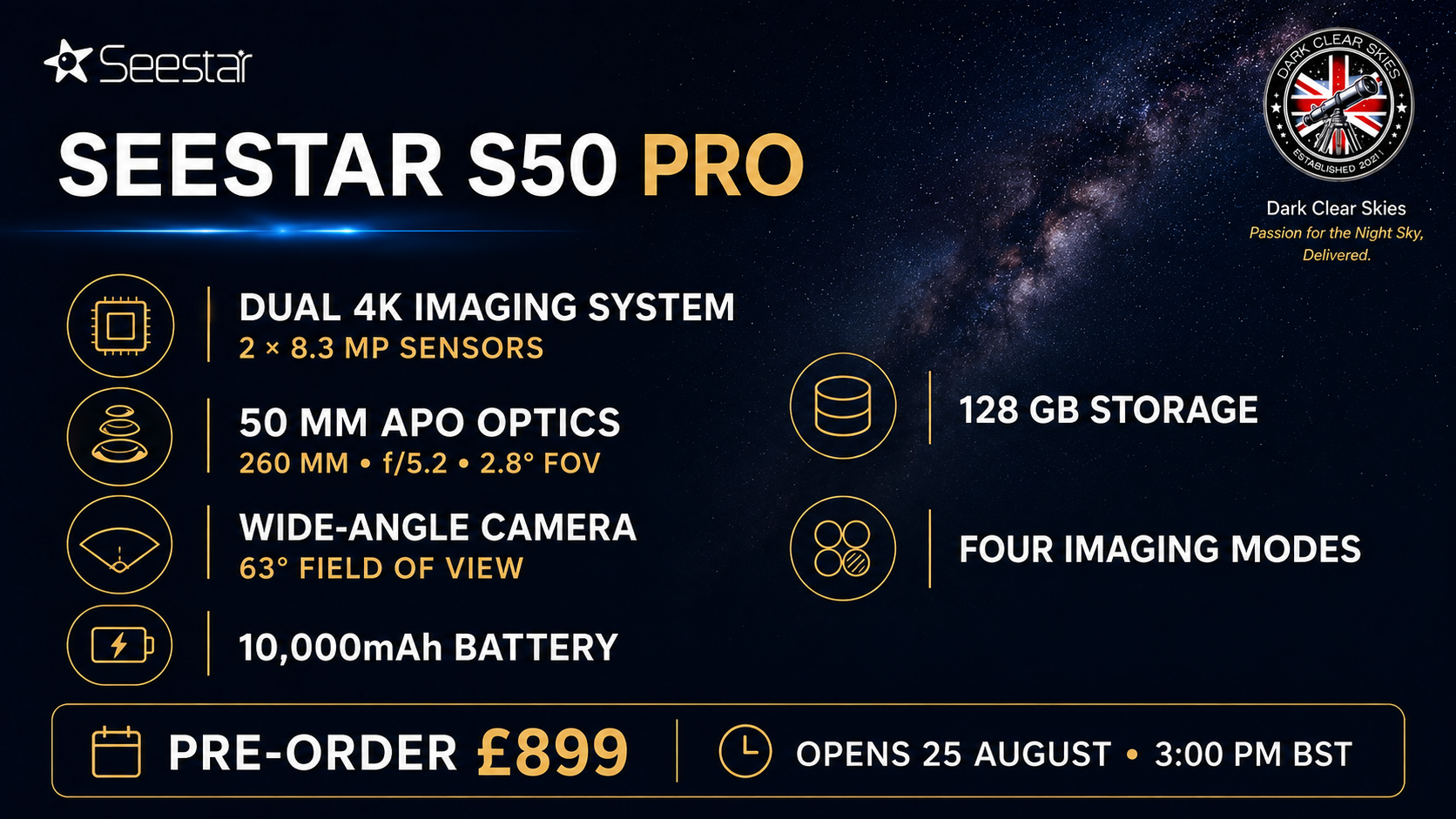 Seestar S50 Pro drone, featuring product specifications such as dual 4K imaging system, 50 mm apo optics, wide-angle camera, 128 GB storage, and 10,000mAh battery on a dark starry sky background.