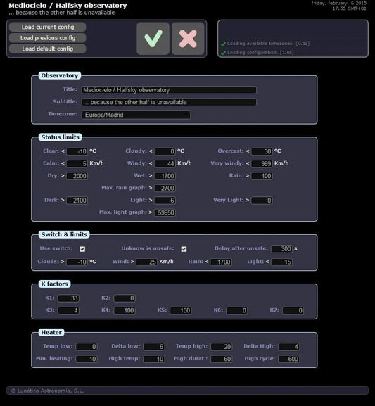 Software interface for an observatory with various settings and configurations.