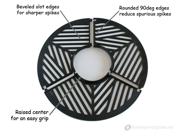 Diagram of a BuckeyeStargazer TriBahtinov Mask for Collimation and Focus with labeled features on a white background