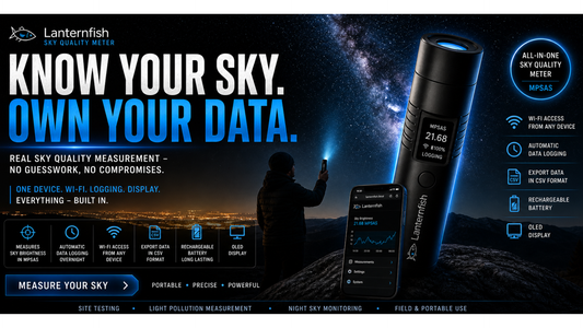 Lanternfish product advertisement with a person holding a device against a night sky.