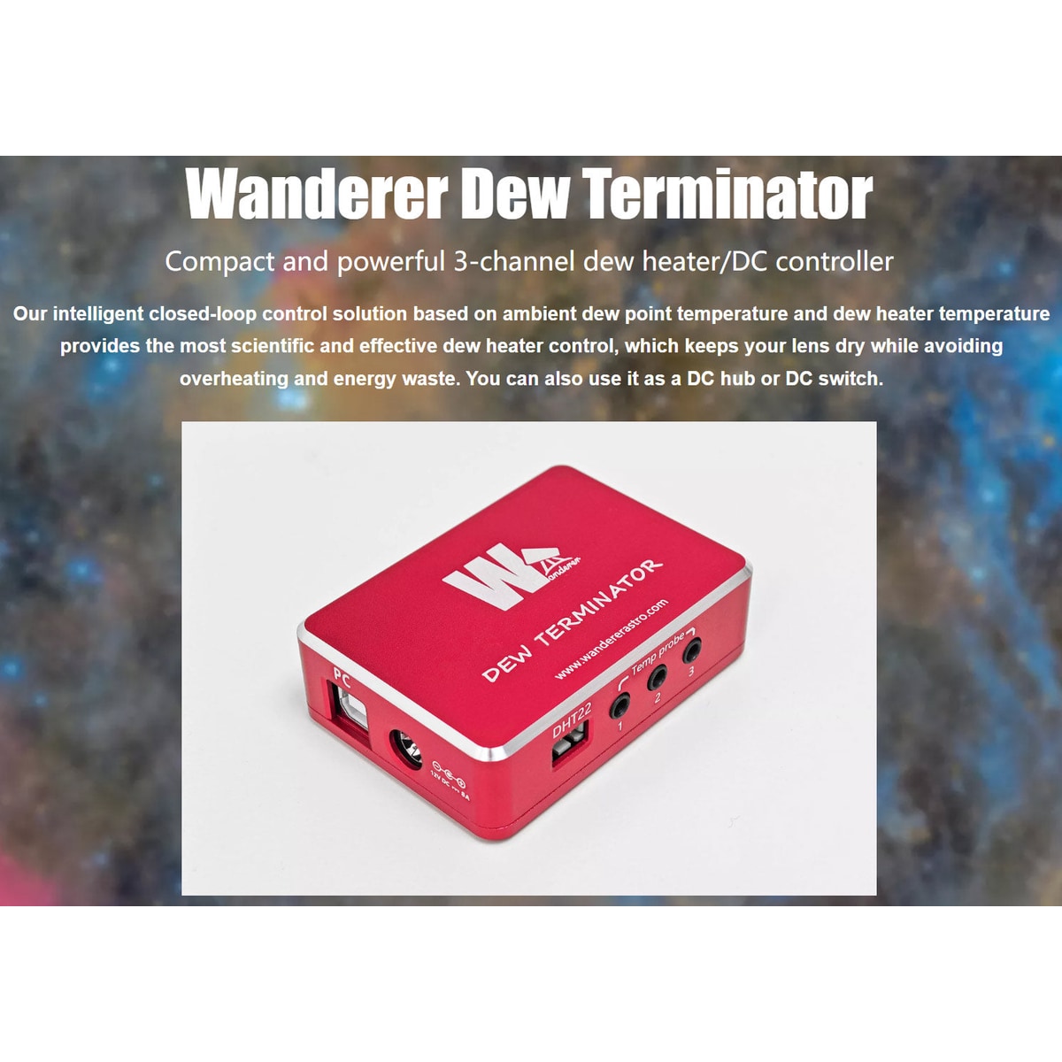 WandererAstro Dew Terminator 3-channel dew heater and DC controller shown with product name text on a space-themed background
