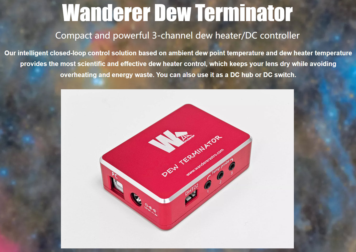WandererAstro Dew Terminator 3-channel dew heater and DC controller shown with product name text on a space-themed background
