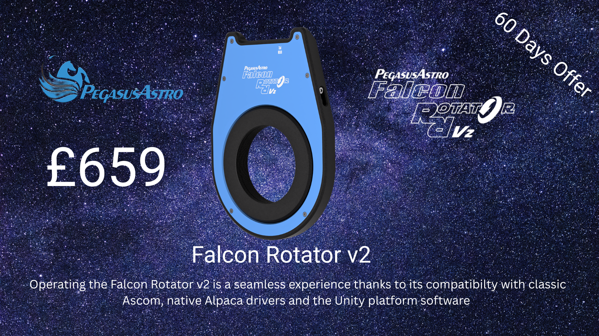 Falcon Rotator v2 product with Pegasus Astro branding on a space-themed background