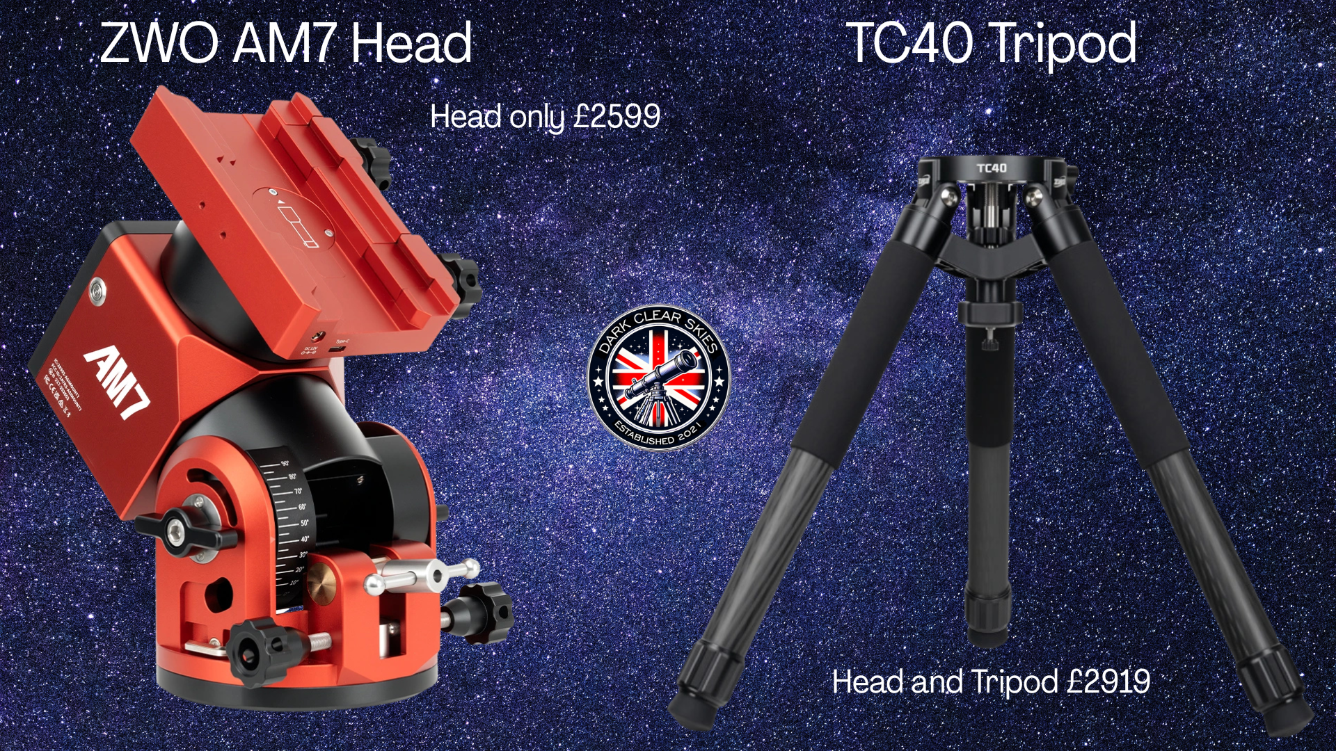 ZWO AM7 Head and TC40 Tripod with pricing on a space-themed background