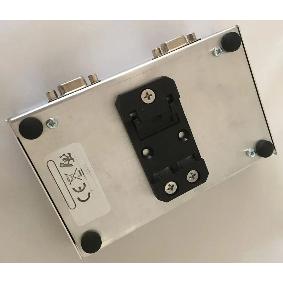 Metal box with a black mounting bracket on a white background