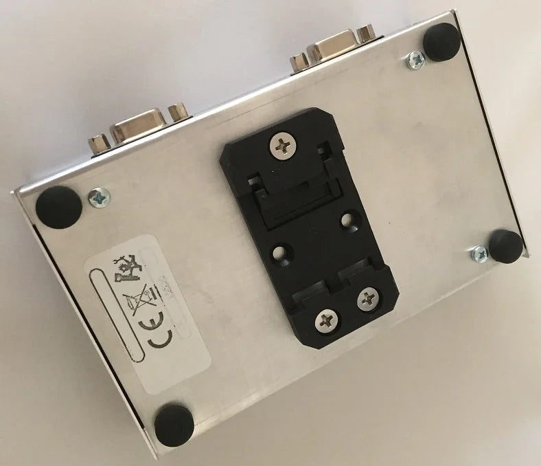 Metal box with a black mounting bracket on a white background