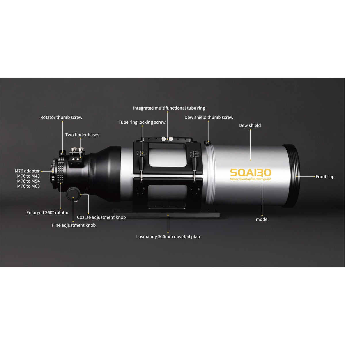 Askar SQA130 astrograph showing a labeled diagram of its components on a dark background.

