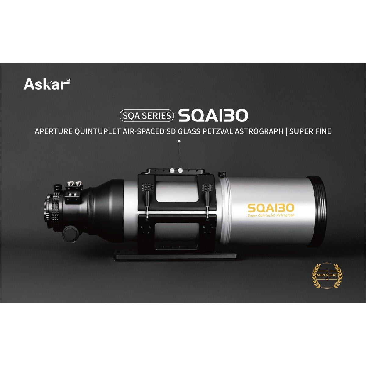 Askar SQA130 quintuplet SD glass Petzval astrograph displayed on a dark background with product branding.
