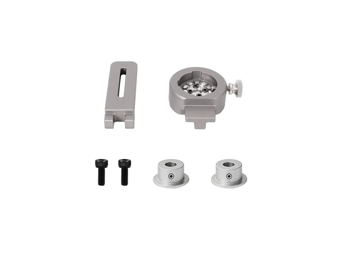 A set of silver metal mounting hardware components, including a bracket, a circular clamp with a thumbscrew, two small silver washers, and two black screws, arranged on a plain white background.