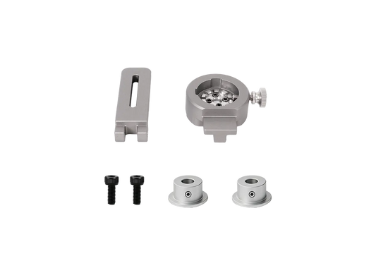A set of silver metal mounting hardware components, including a bracket, a circular clamp with a thumbscrew, two small silver washers, and two black screws, arranged on a plain white background.