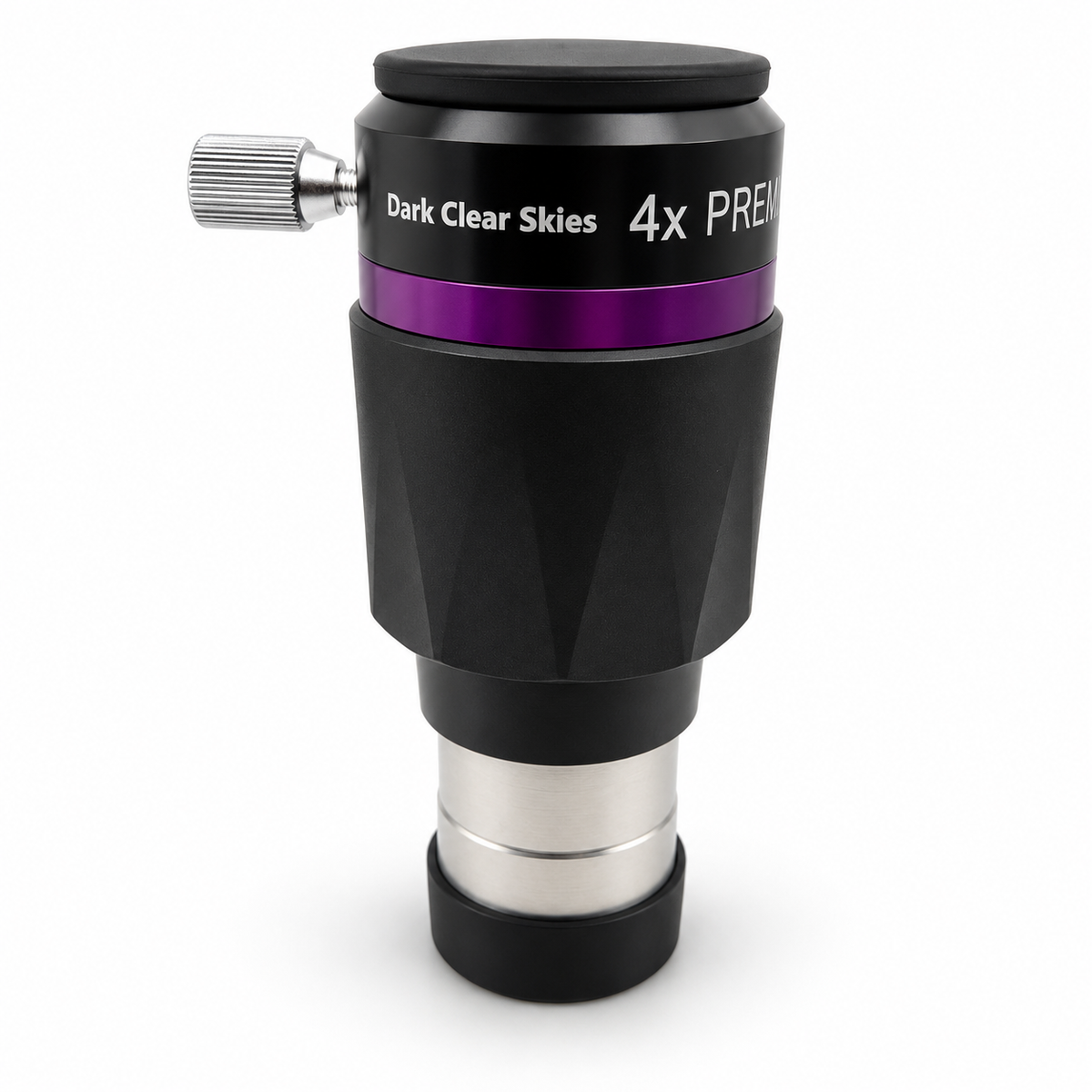 Dark Clear Skies 4x Premium Barlow lens with locking thumbscrew on white background
