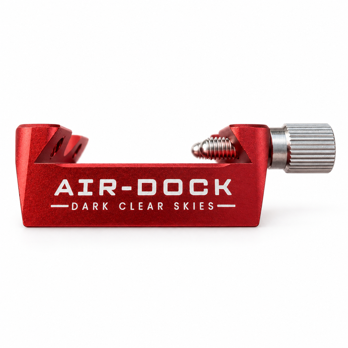 Dark Clear Skies AIR-DOCK red ASIAIR mount showing engraved branding and locking thumbscrew