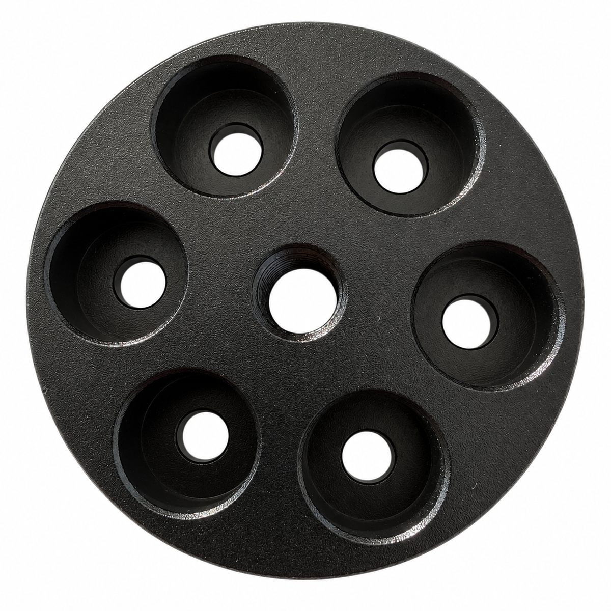 AXISBASE EQ3/EQ5 extension adapter showing six recessed mounting holes and central threaded opening