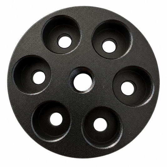 AXISBASE EQ3/EQ5 extension adapter showing six recessed mounting holes and central threaded opening
