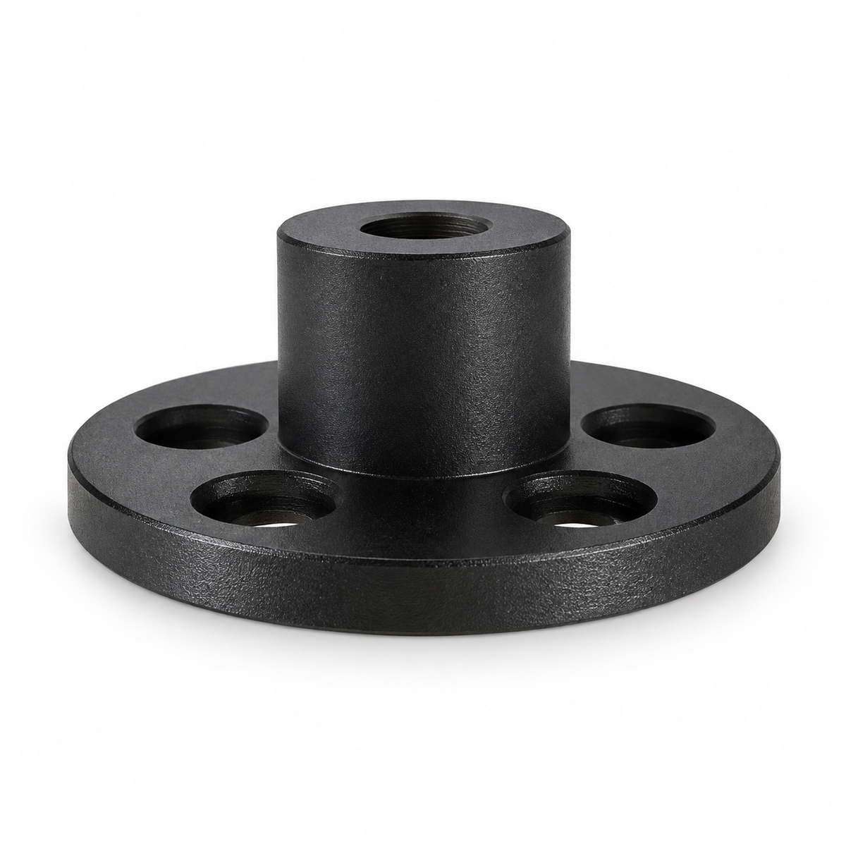 Angled view of the AXISBASE EQ6 adapter showing its circular flange and raised centre