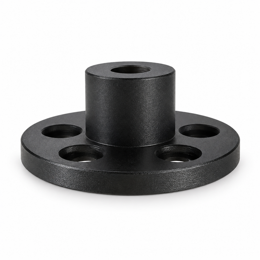 Angled view of the AXISBASE EQ6 adapter showing its circular flange and raised centre