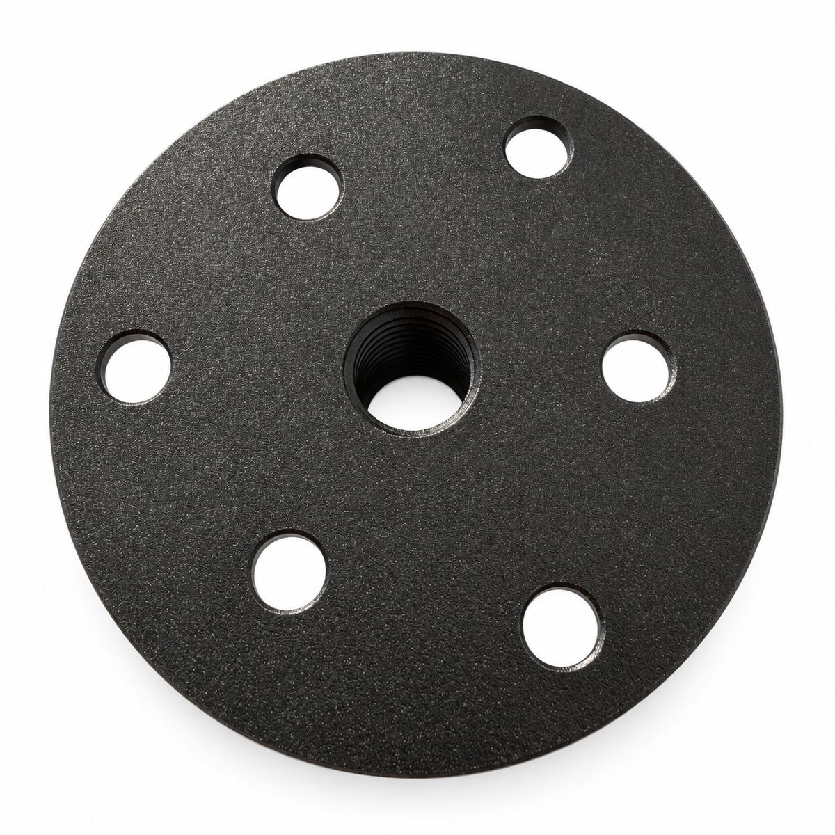 Flat underside of the AXISBASE EQ6 adapter with six mounting holes and a threaded centre