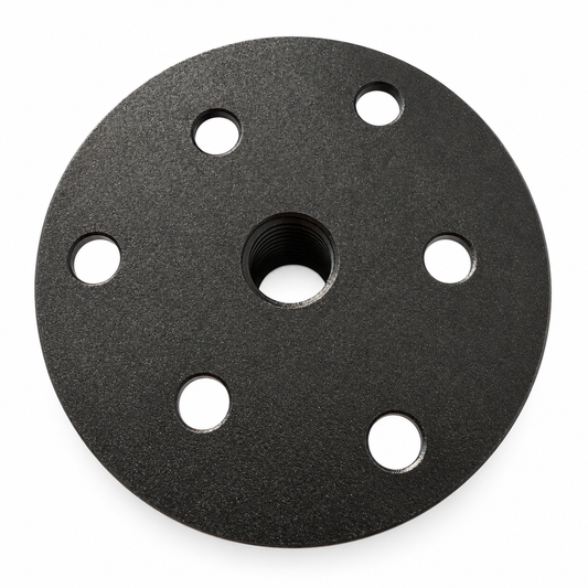 Flat underside of the AXISBASE EQ6 adapter with six mounting holes and a threaded centre