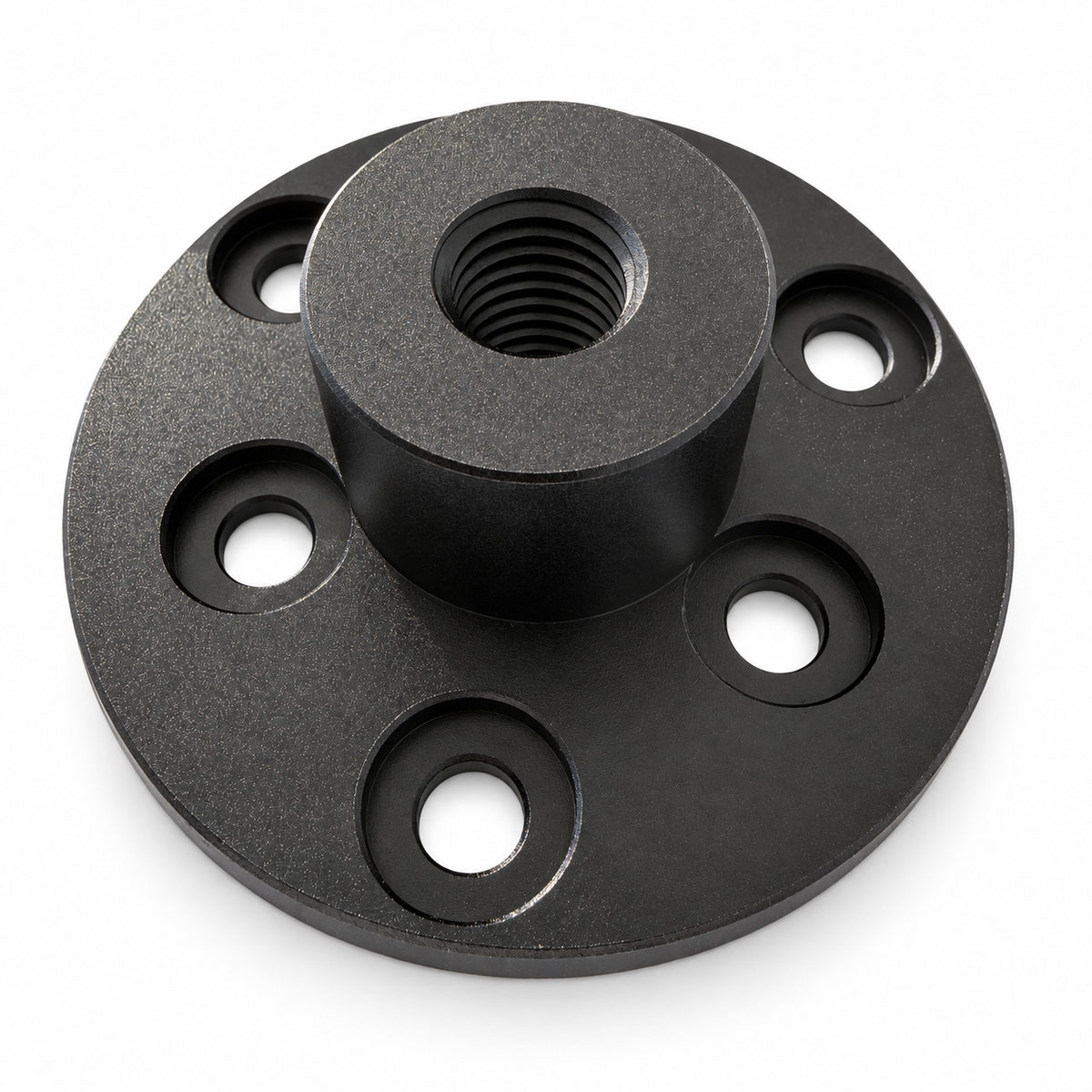 AXISBASE EQ6 tripod pier extension adapter showing the raised threaded centre and recessed mounting holes