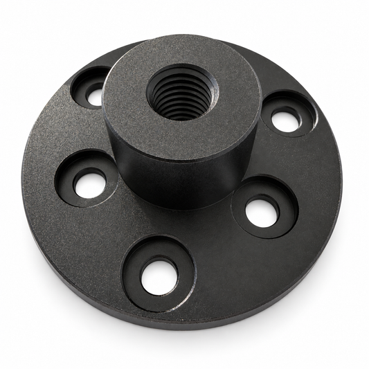 AXISBASE EQ6 tripod pier extension adapter showing the raised threaded centre and recessed mounting holes