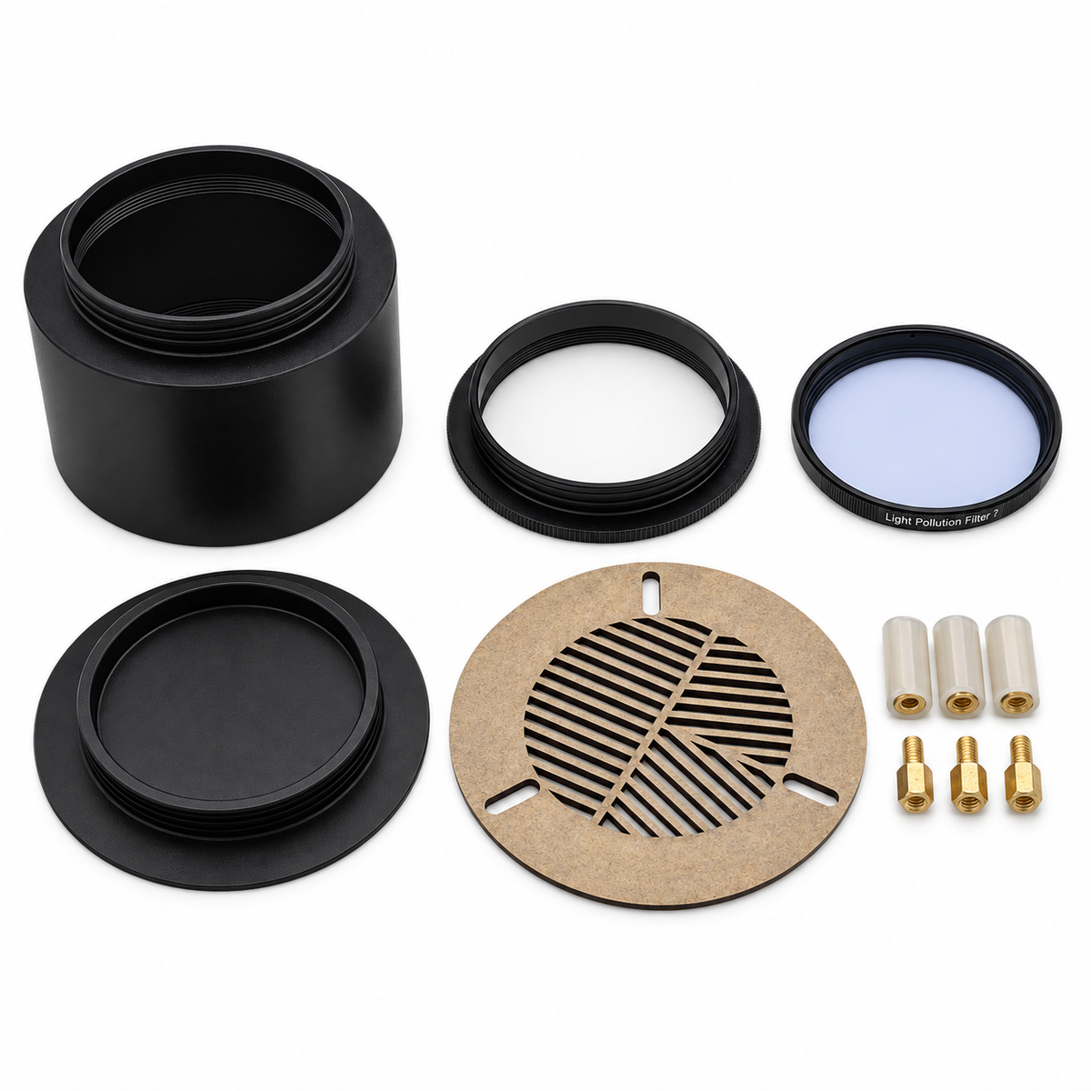 DCS Seestar S50 kit with dew shield, dust cap, filter adapter, CLS filter, Bahtinov mask and fitting hardware