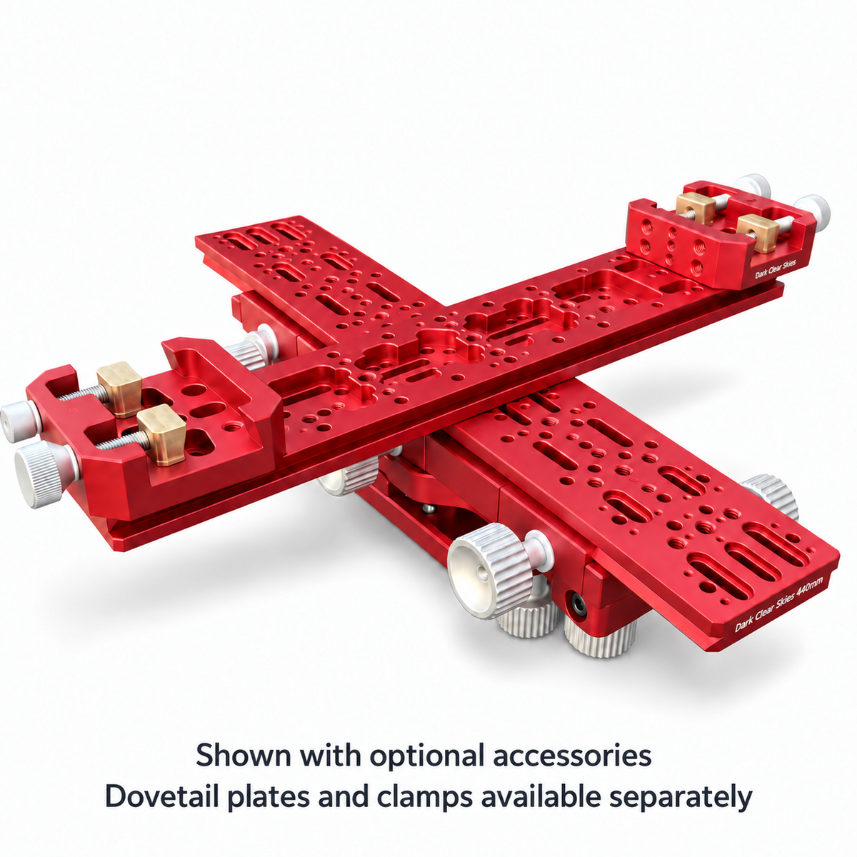DCS dual-axis tilt adjuster shown in an example setup with optional dovetail plates and clamps, available separately