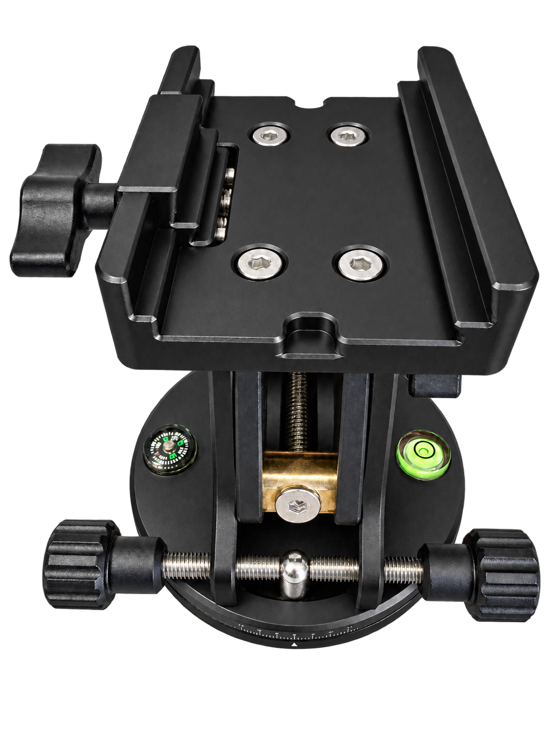 Black DEWTREK Polaris EQ wedge viewed from the front, showing the clamp, bubble level, compass and azimuth adjustment knobs