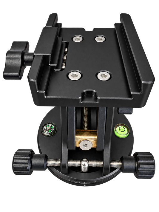 Black DEWTREK Polaris EQ wedge viewed from the front, showing the clamp, bubble level, compass and azimuth adjustment knobs