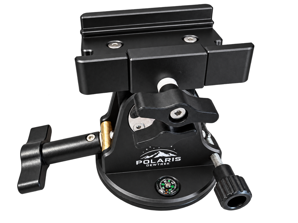 Black DEWTREK Polaris latitude base showing the Polaris branding, dovetail clamp and alignment controls