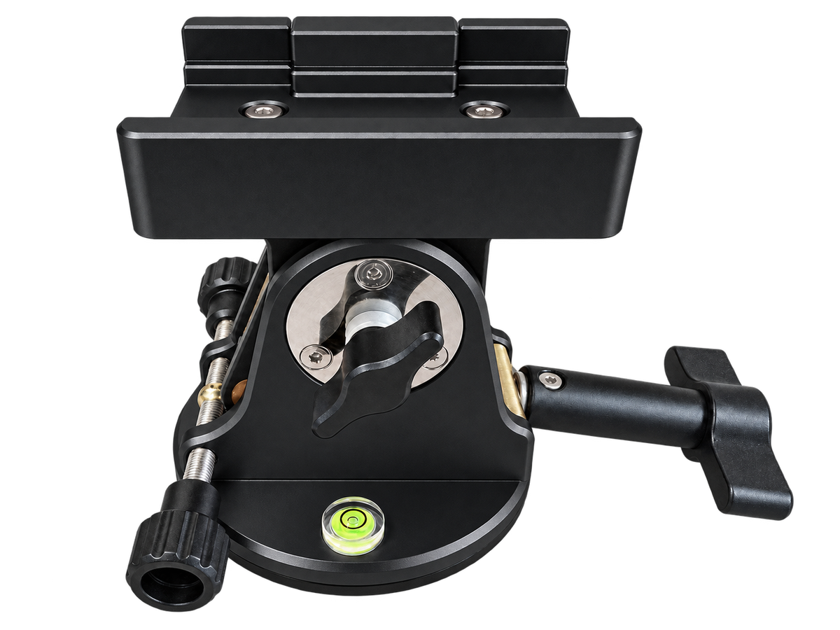 Black DEWTREK Polaris latitude base side view showing the tilt locking controls and bubble level
