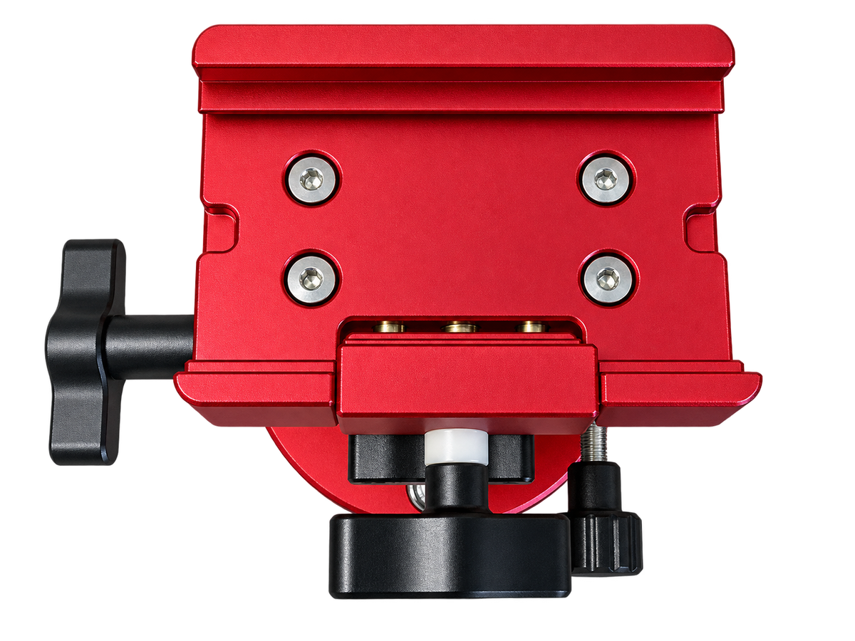 Top view of the red DEWTREK Polaris latitude base showing the mounting saddle and clamp knob