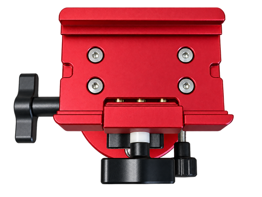 Top view of the red DEWTREK Polaris latitude base showing the mounting saddle and clamp knob