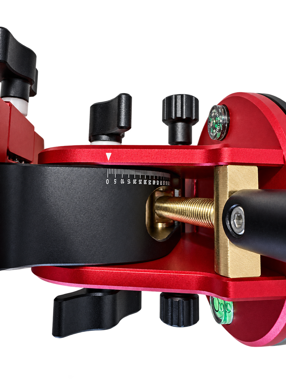 Close-up of the red DEWTREK Polaris EQ wedge showing its angle scale and threaded tilt adjustment mechanism