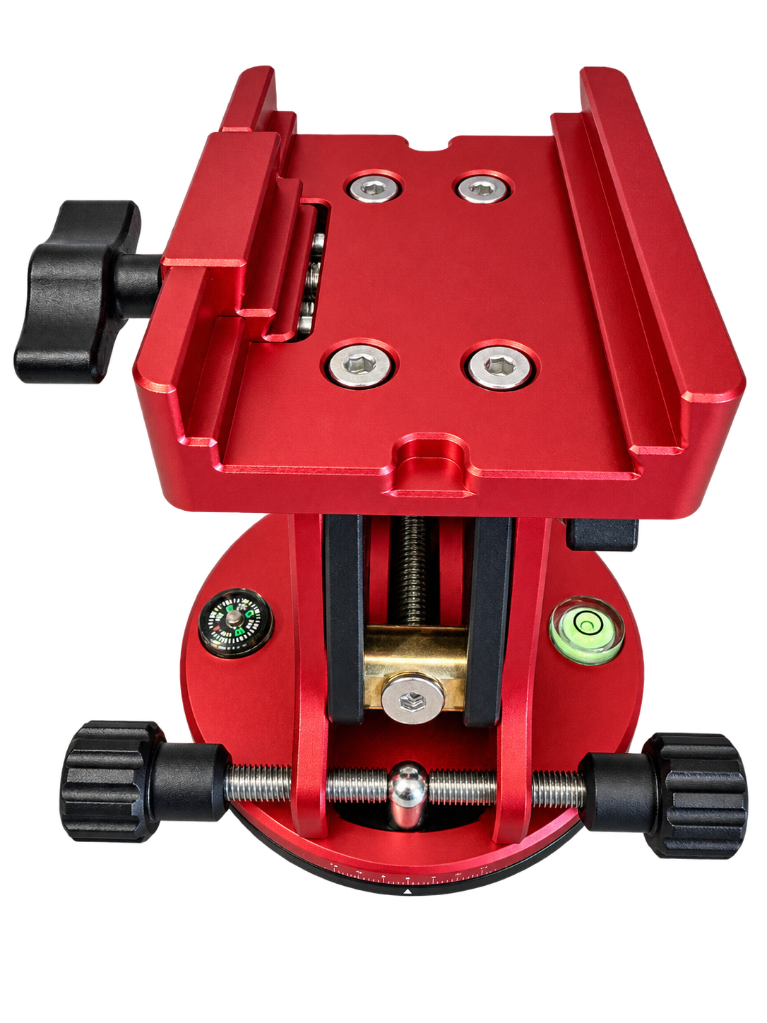 Red DEWTREK Polaris EQ wedge viewed from the front, showing the clamp, bubble level, compass and azimuth adjustment knobs
