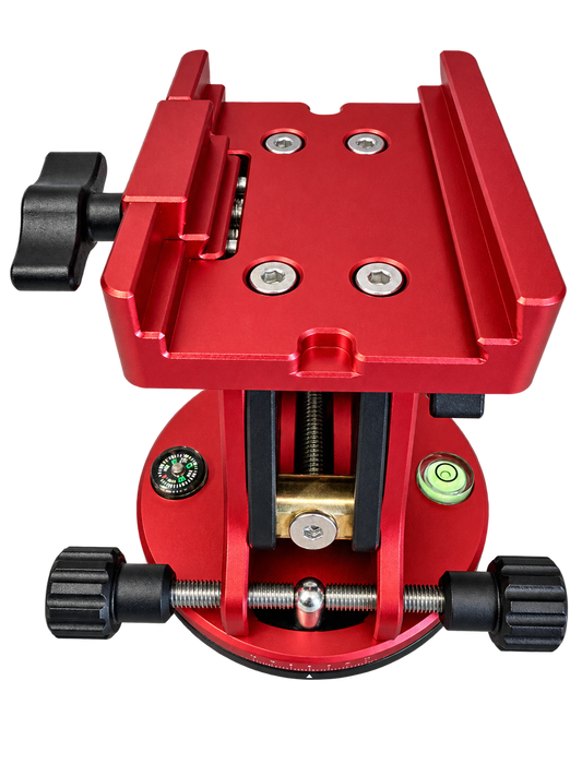 Red DEWTREK Polaris EQ wedge viewed from the front, showing the clamp, bubble level, compass and azimuth adjustment knobs