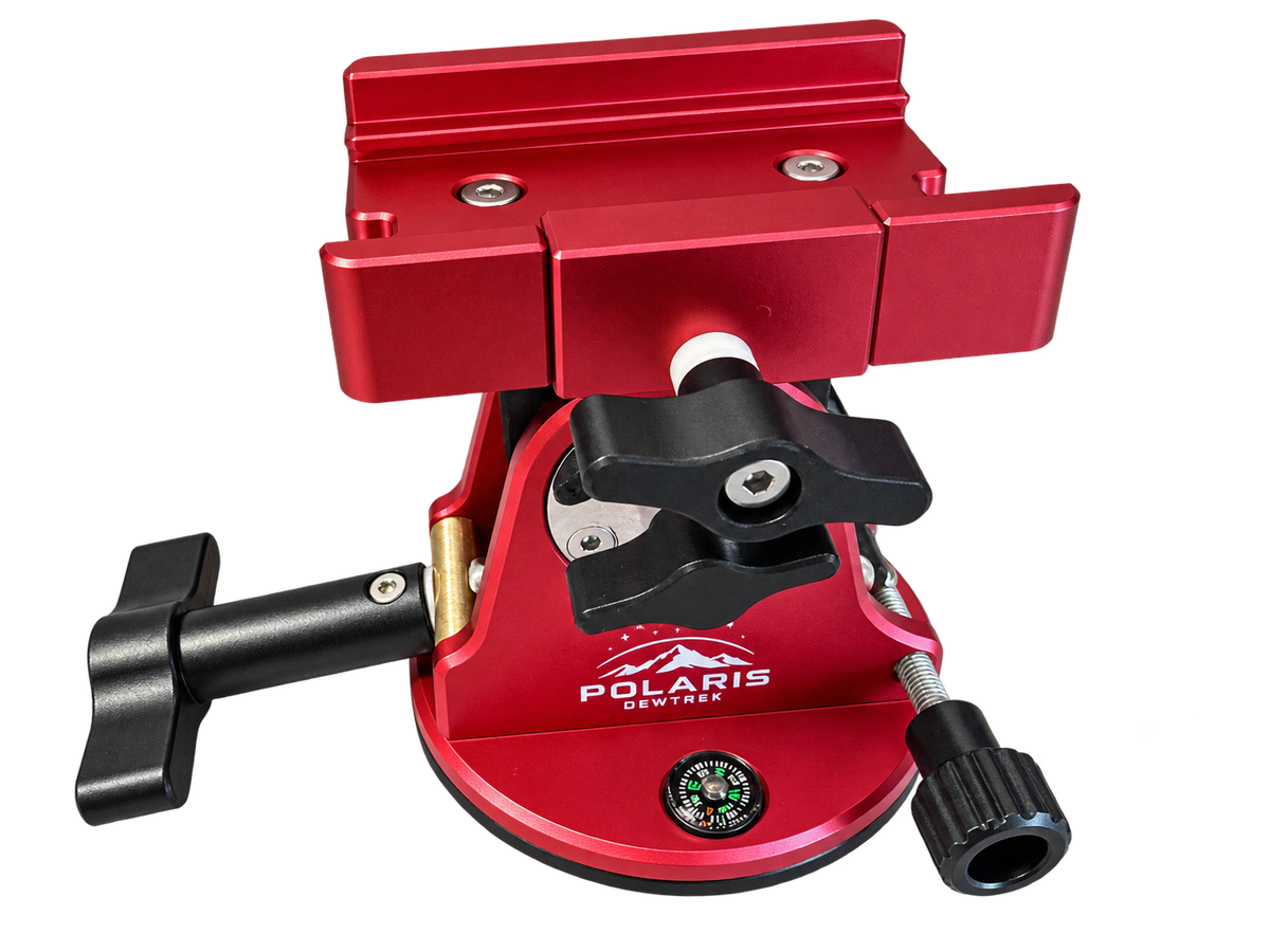 Red DEWTREK Polaris latitude base showing the Polaris branding, dovetail clamp and alignment controls