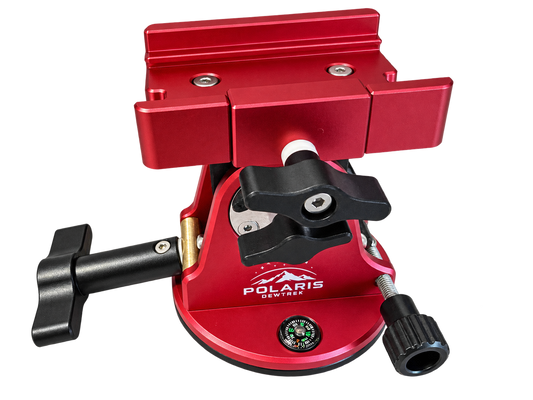 Red DEWTREK Polaris latitude base showing the Polaris branding, dovetail clamp and alignment controls