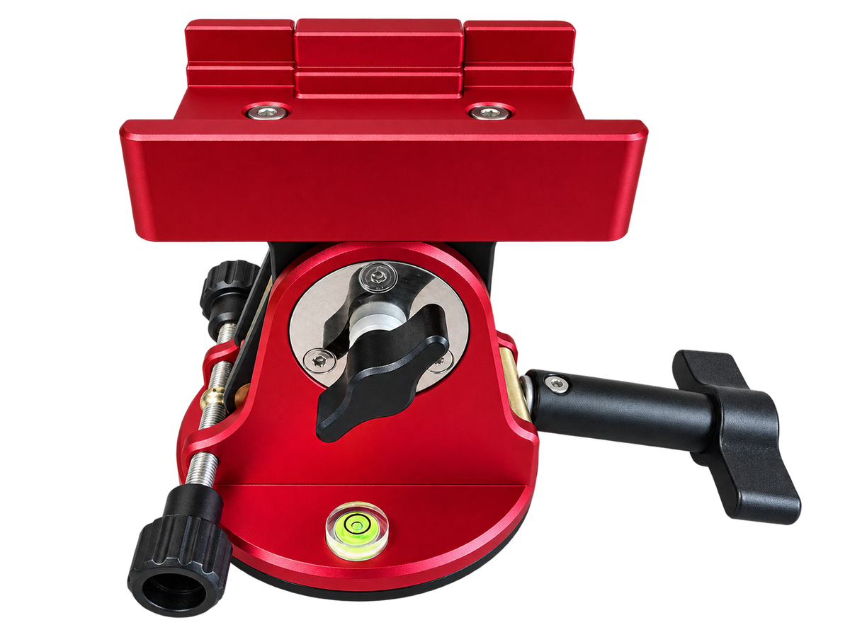 Red DEWTREK Polaris latitude base side view showing the tilt locking controls and bubble level