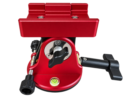 Red DEWTREK Polaris latitude base side view showing the tilt locking controls and bubble level