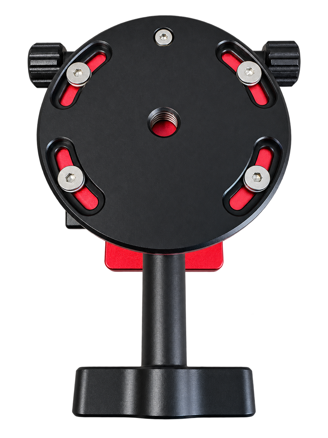 Underside of the red DEWTREK Polaris latitude base showing its central threaded mounting connection