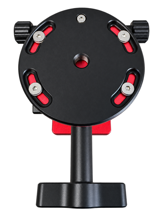 Underside of the red DEWTREK Polaris latitude base showing its central threaded mounting connection