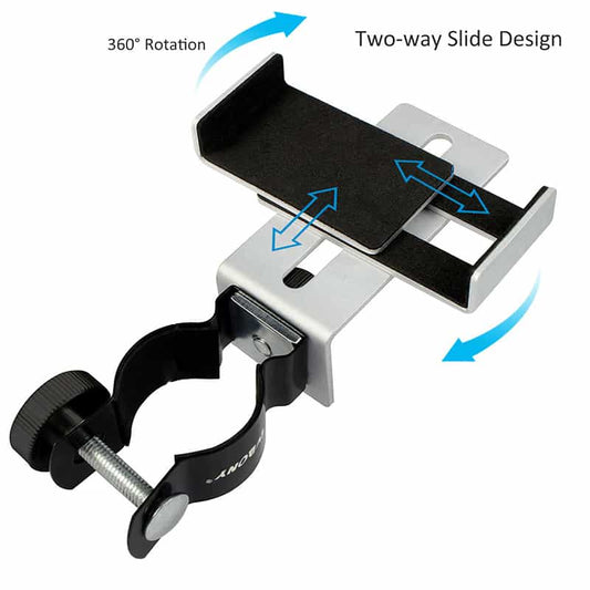 Phone mount with 360° rotation and two-way slide design on a white background