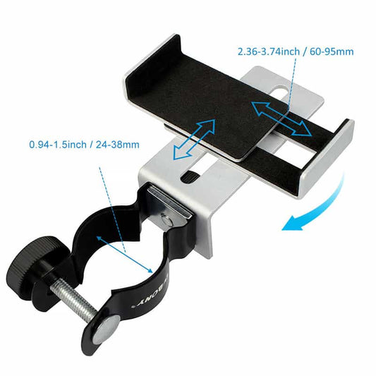 Phone mount with adjustable arm and measurement details on a white background