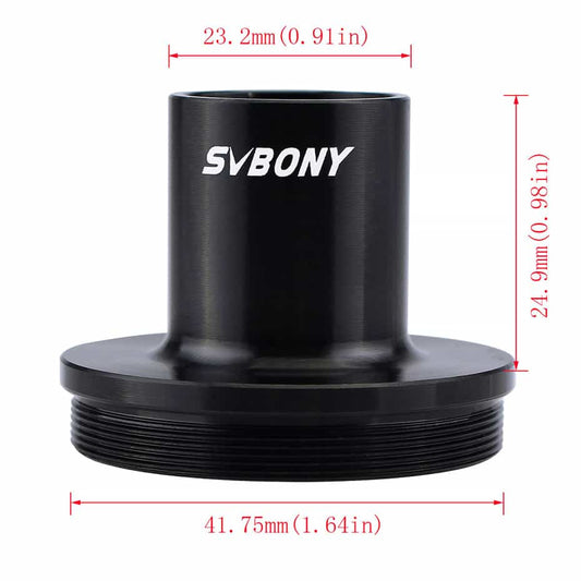 Black SVBONY lens adapter with dimensions on a white background