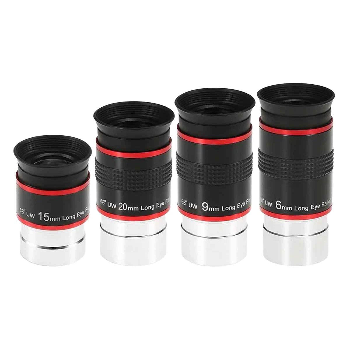 Set of four 68 Degree Wide Angle Eyepieces with black and red design on a white background