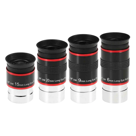 Set of four 68 Degree Wide Angle Eyepieces with black and red design on a white background