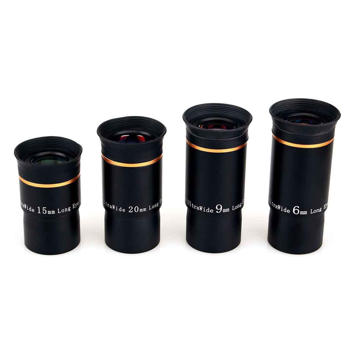 Four SVBONY Telescope Eyepiece Fully Mutil Coated 1.25 inches 66 Degree lenses with labeled focal lengths on a white background