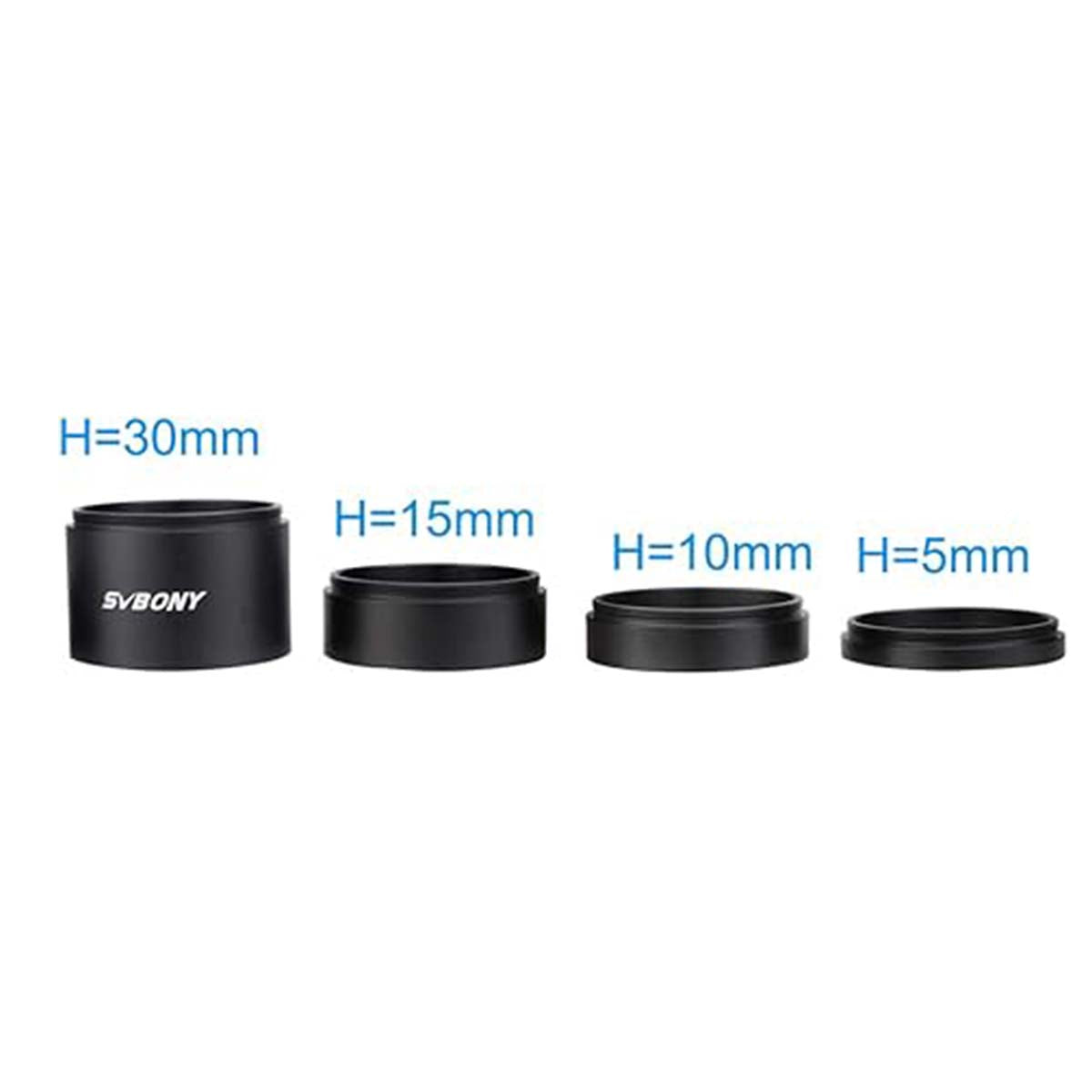 Set of M48 Extension Tube kit with height measurements on a white background